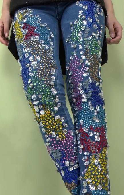 Rhinestone Bling Crystal Jeans Multicolored Bottoms
