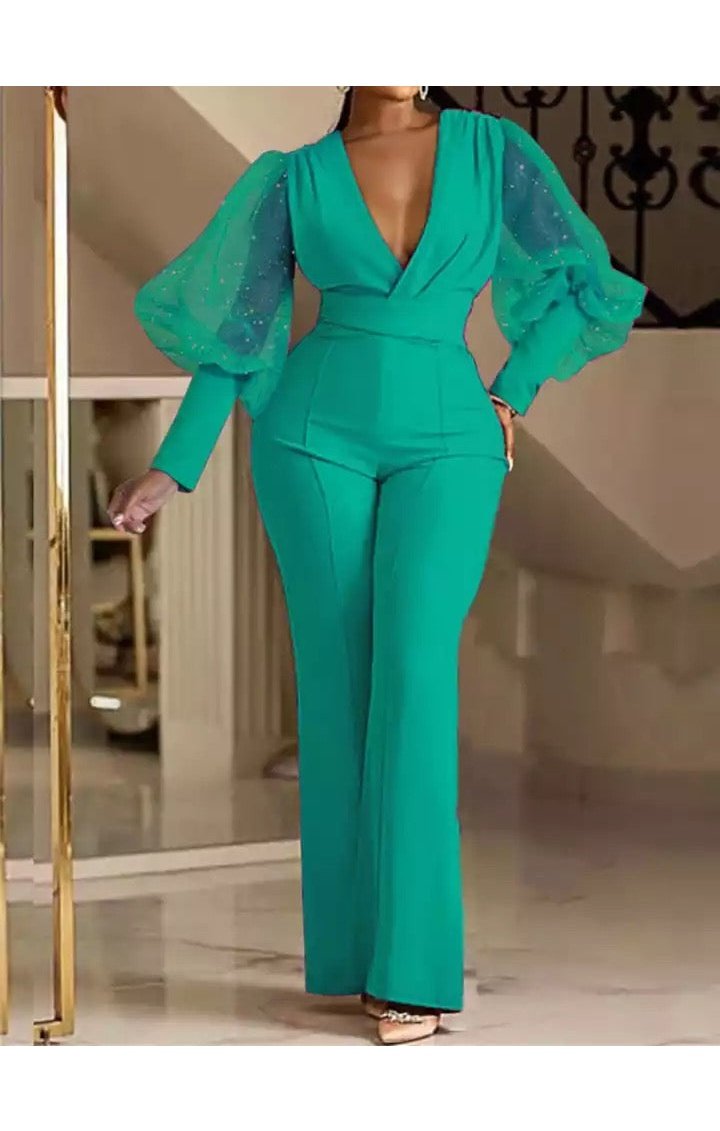 Puff Sleeve Mesh Sequin Wide Leg Jumpsuit (Many Colors)