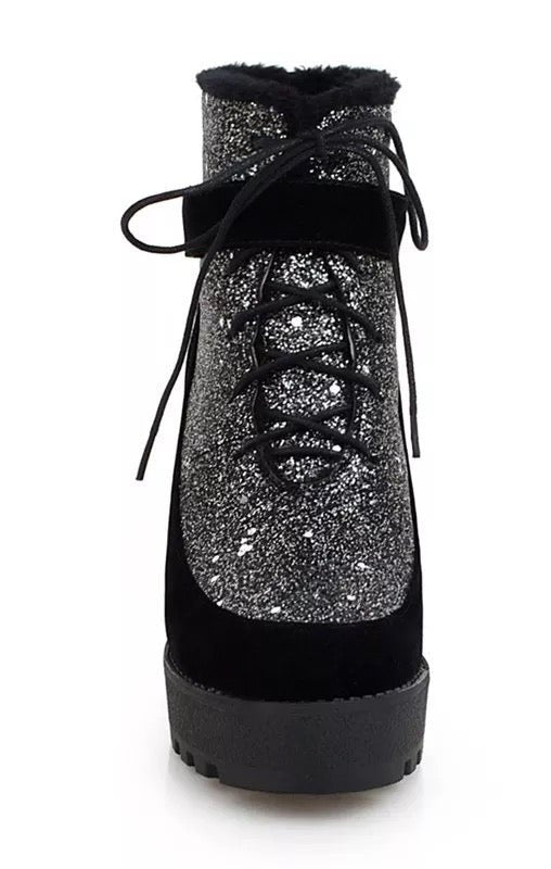 Black Bling Platform Ankle lace up Boots (Many Sizes)