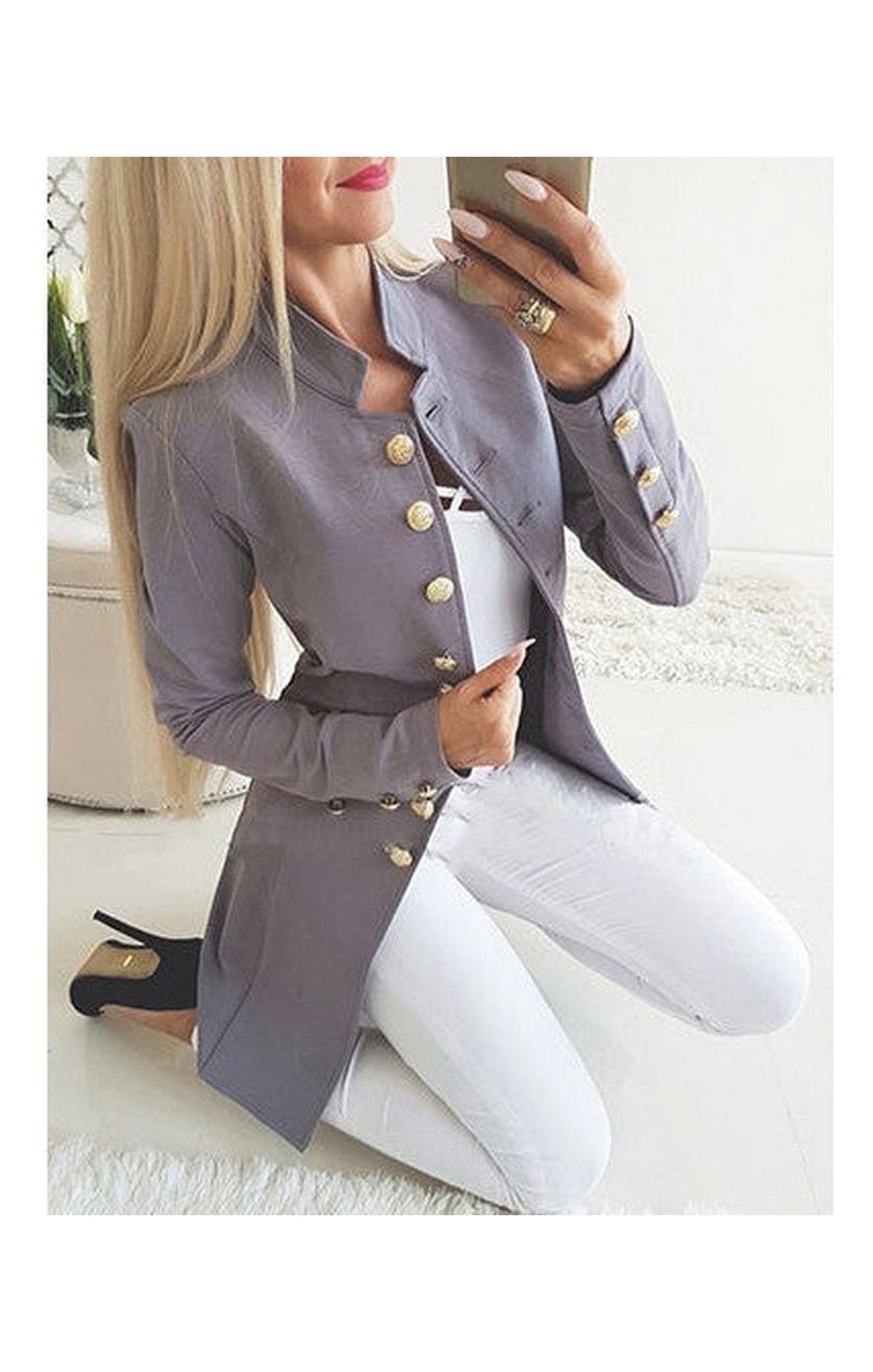 Women's Longer-Length Blazer - Metal Buttons / Standup Collar (4 Colors)