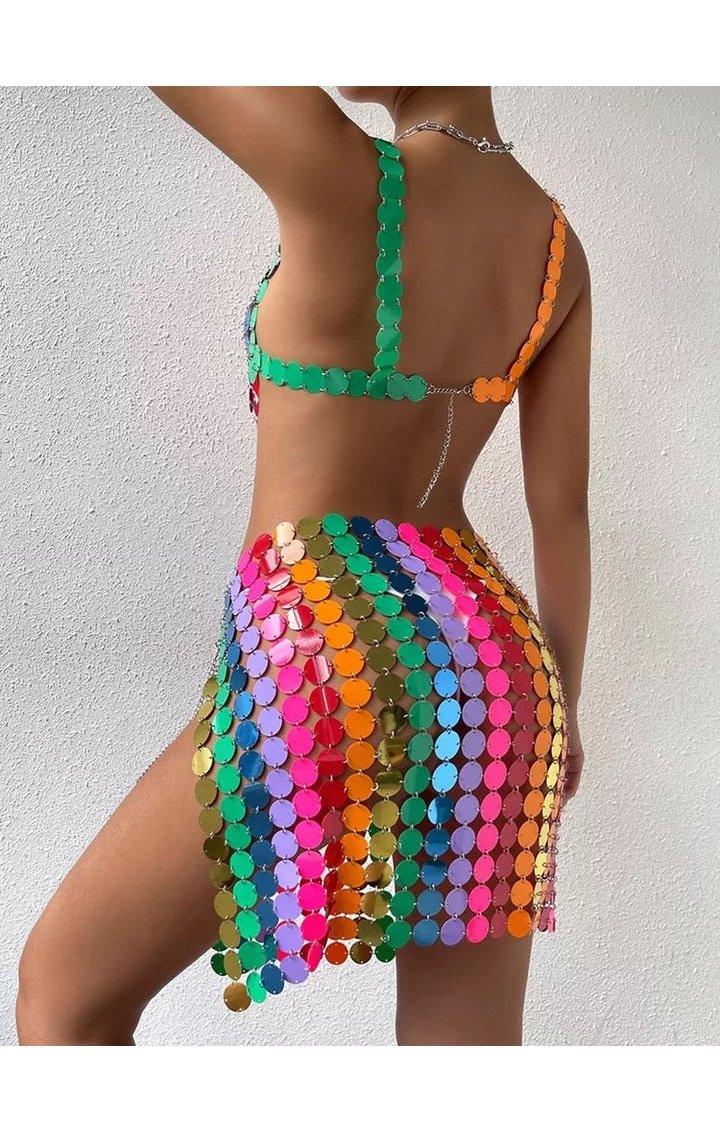 Sexy Two Piece Sequin Multicolored Skirt Set