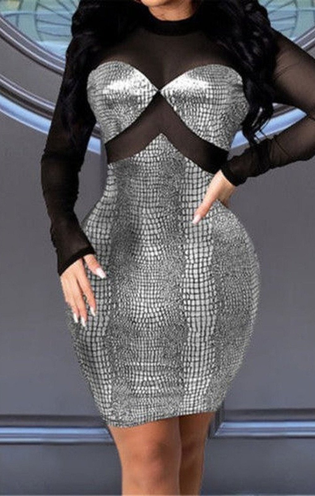 See through mesh spliced stretch sexy bodycon mini dress (MANY COLORS)