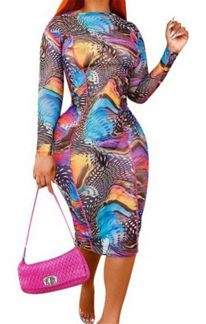 Multicolor printed mesh sexy stretch dress