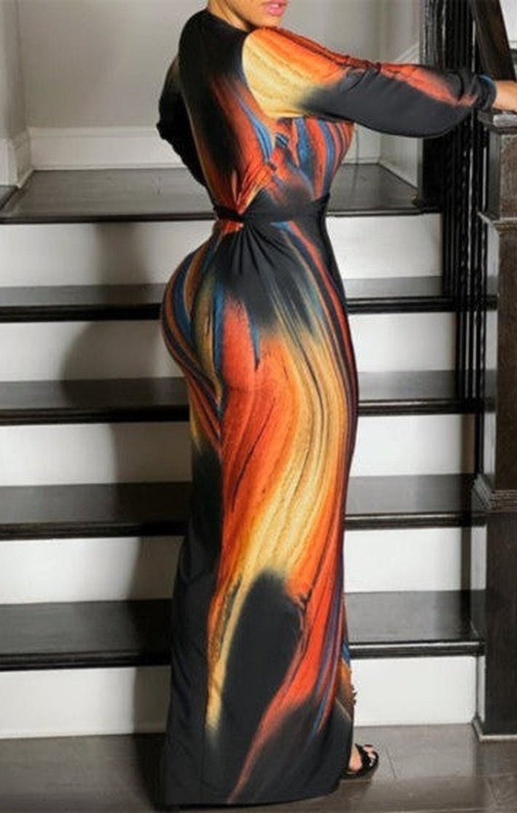 Multicolor printed deep v-neck stretch sexy dress (with belt)