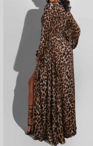 Leopard Print deep v-neck loose split dress (with belt)