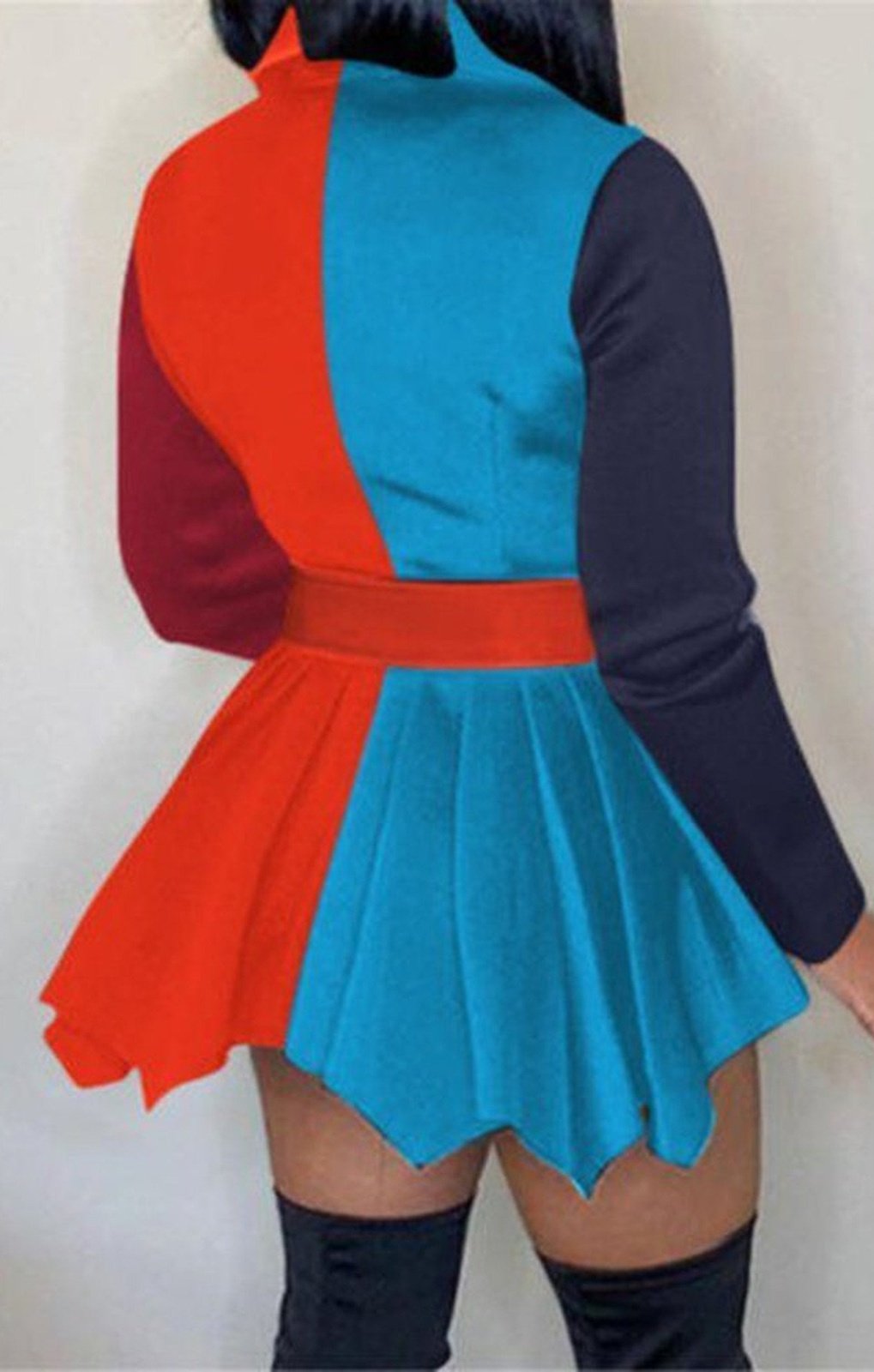 Contrast color spliced suit collar stylish dress with belt (MANY COLORS)