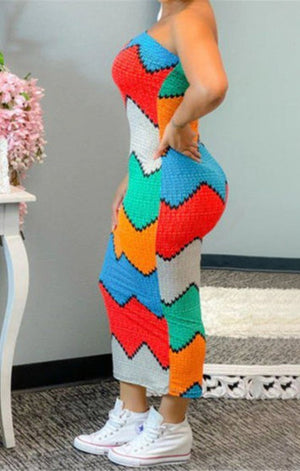 Stripe print stretch tube top sexy slim dress