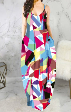 Multicolor batch printing v-neck loose maxi dress