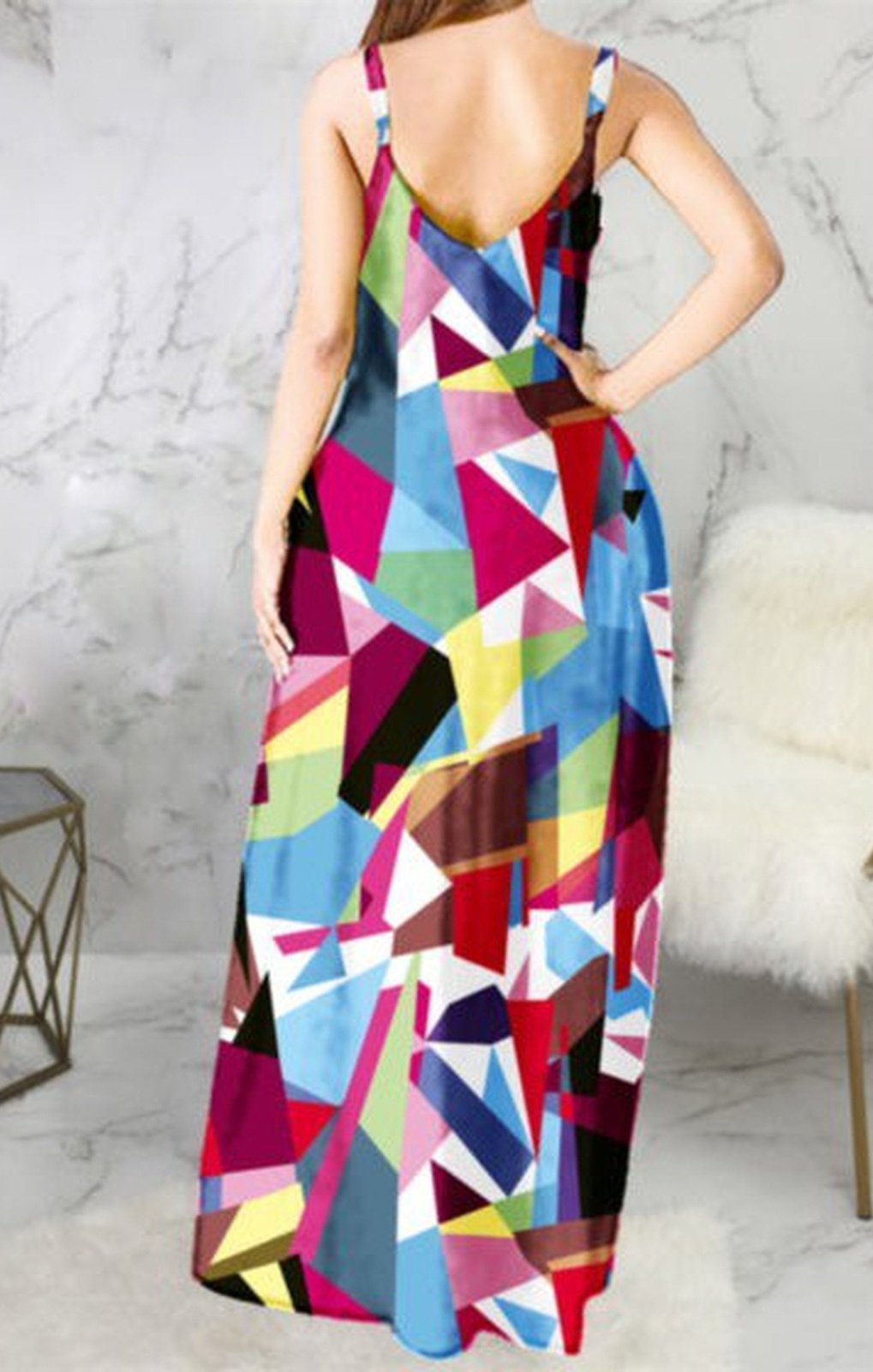 Multicolor batch printing v-neck loose maxi dress