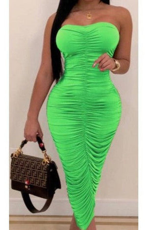 Solid color strapless stretch pleated midi dress (MANY COLORS)