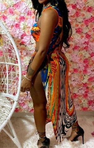 Spring summer multicolor printing sleeveless new stylish sexy high split dress