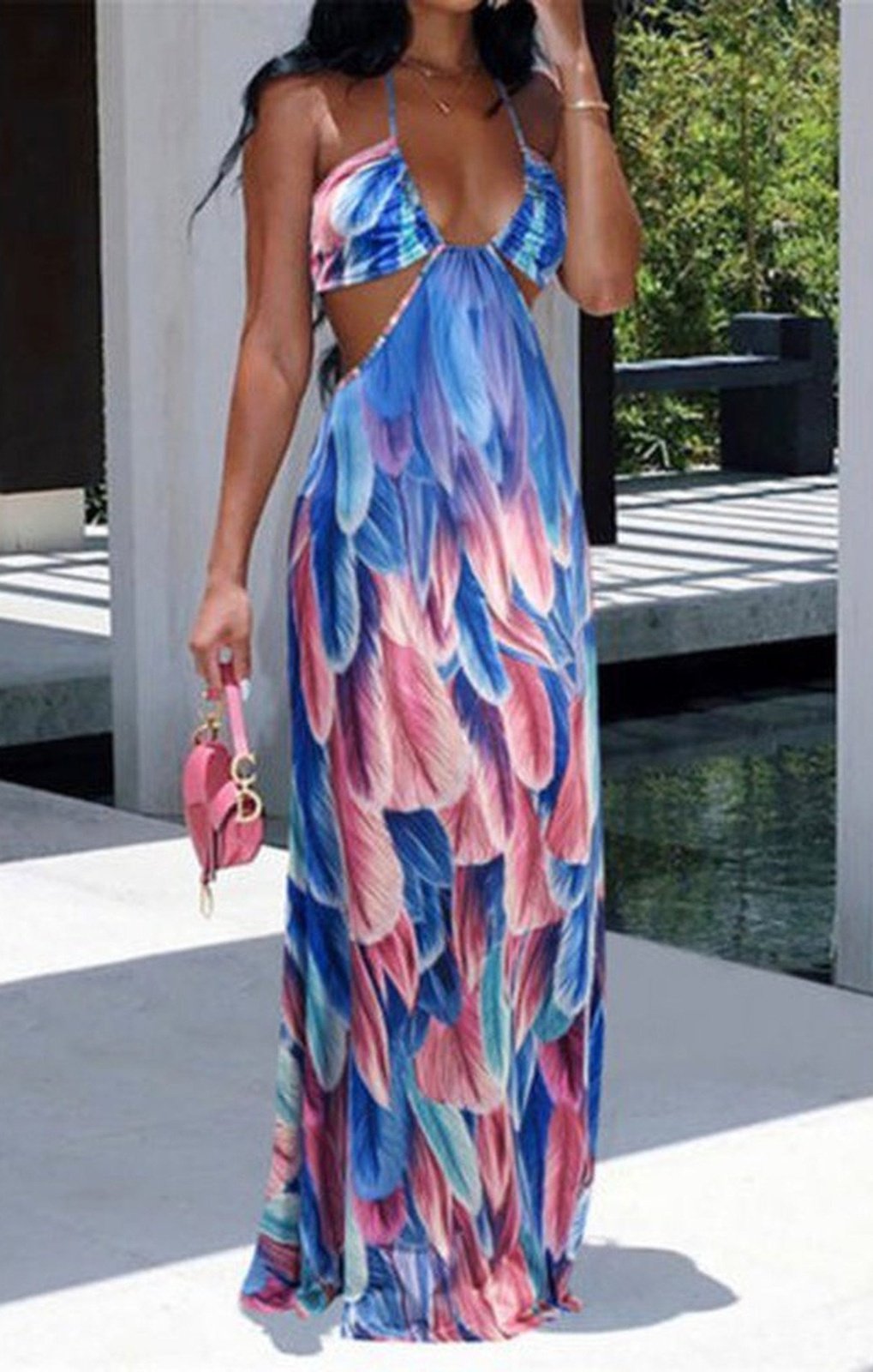 Summer printed halter neck cut out sexy maxi dress (MANY COLORS)