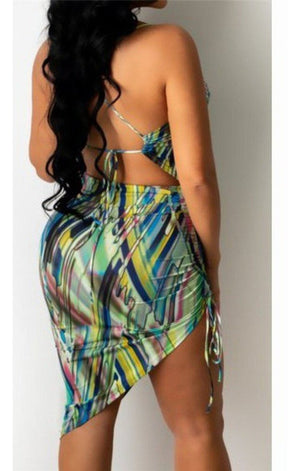 Multicolor printed low-cut drawstring laced dress