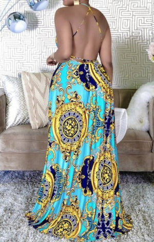 Multicolor pattern printing backless lace-up sexy maxi dress ( TWO COLORS)