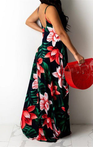 Flowers printed sexy maxi dress