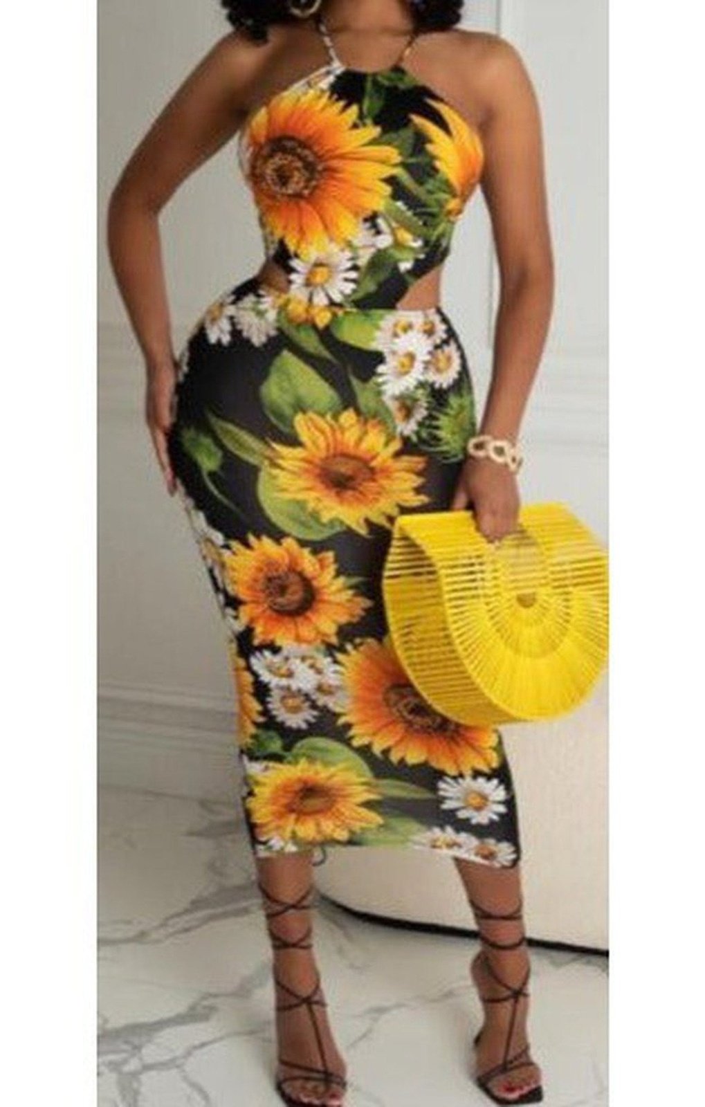 Sunflower open back halter-neck sleeveless midi dress