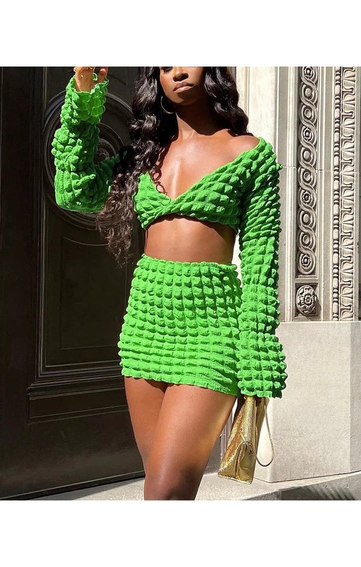 Green Long Sleeve Ruched Crop Top & Skirt Set