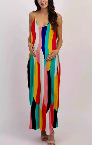 Summer new stylish multicolor batch printing stretch pockets sling loose casual maxi dress