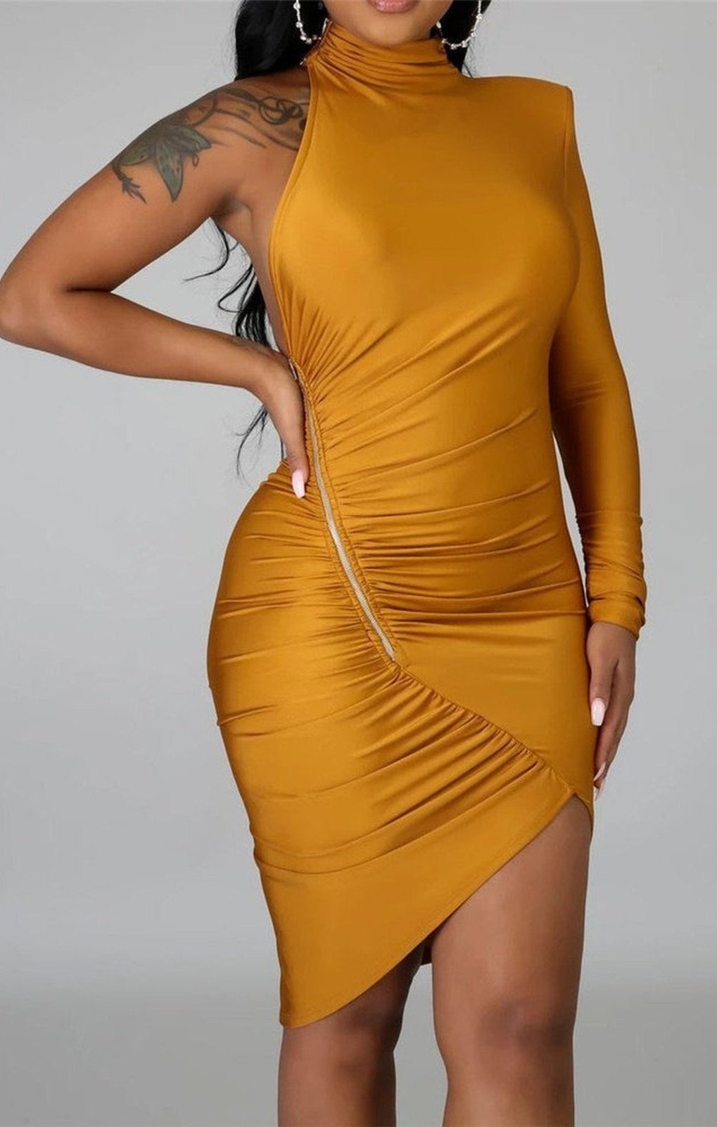 One shoulder zip-up stretch dress