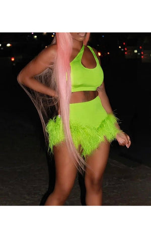 Lime Green Two Piece Feather Short Set (Sold Out)