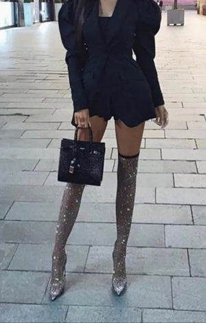 (2 Colors) Bling Crystal Thigh High Boots Sexy Pointed Toe Stiletto Heels Over The Knee Sock Shoes Women