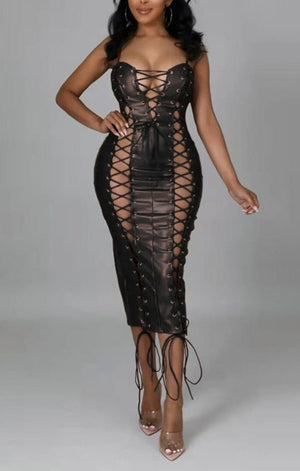 New stylish solid color hollow lace-up zip-up micro-elastic PU sling slit sexy midi dress