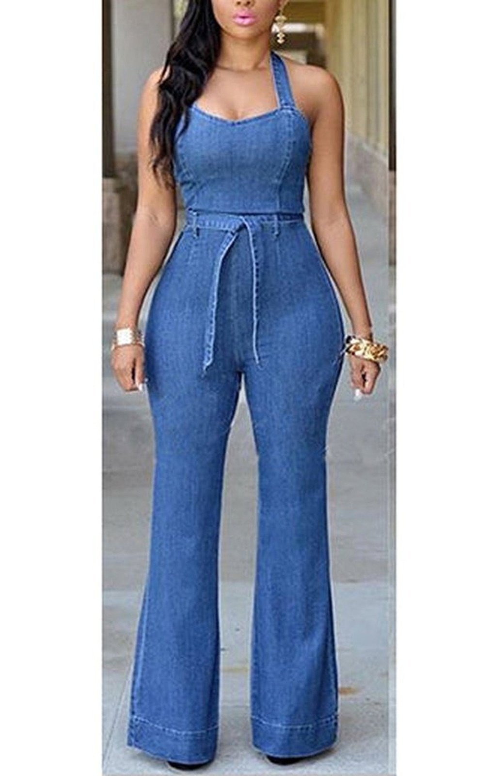 (Not Available) Blue Jean Jumpsuit - Halter Style / Elastic Back