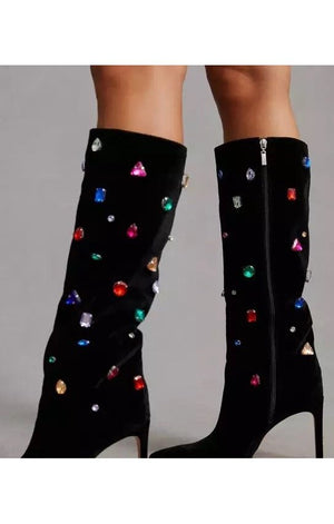Ladies Boots Black with Multicolored Stones large gems