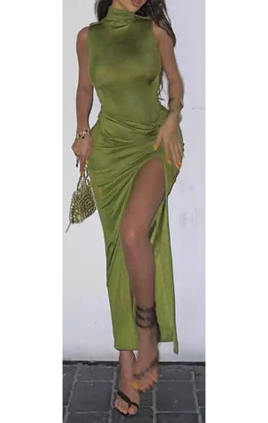 Green Sexy Slit Maxi Women Dress