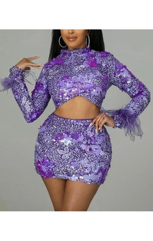 Purple Feather Long Sleeve Skirt Set