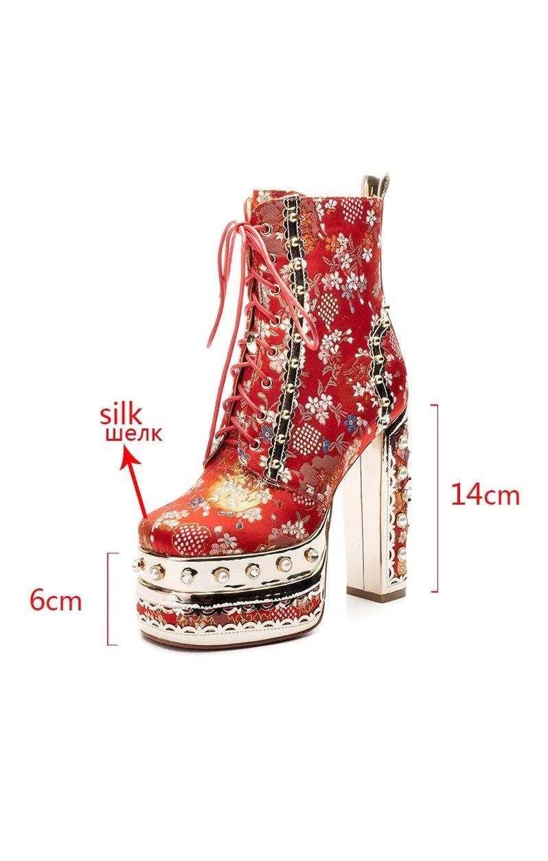 Women’s Luxury  Floral Platform Ankle Boots Pearl Studded 14cm Chunky High Heels (Many Colors)