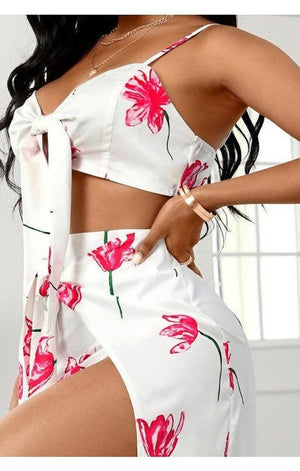 Floral Print Tie Front Crop Top & High Slit Maxi Skirt Set