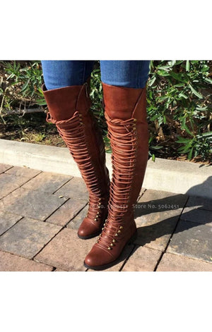 Flat Knee High Lace up  Boots (2 COLORS)