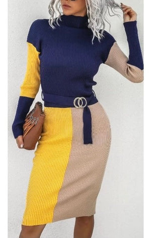 Color Block Sweater dress Long Sleeve Belted