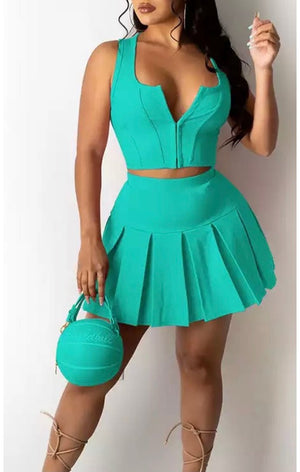 Crop Top & Pleated Skirt Set (Many Colors)