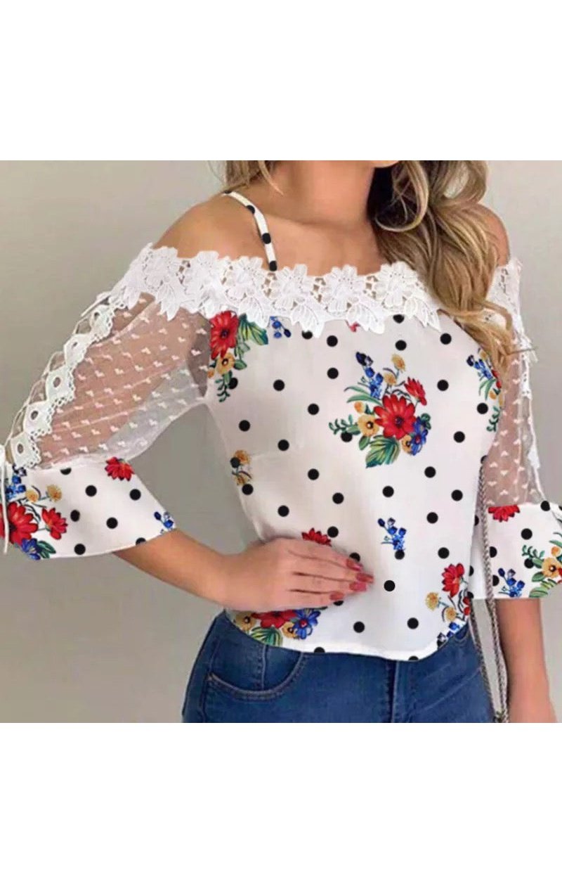 White polka dot multicolored Blouse off the shoulder Top