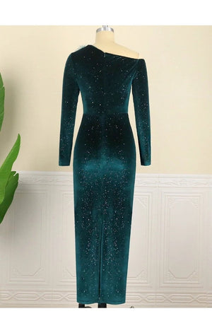 Green Sequins One Shoulder Mid Calf  Dress (Plus Sizes Available Many Sizes)