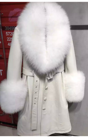 Extra Colors Genuine Leather long Winter fur collar and Wrist Cuff stylish thick jacket wiith belt Plus Sizes Available ( Many COLORS) (Many Sizes)