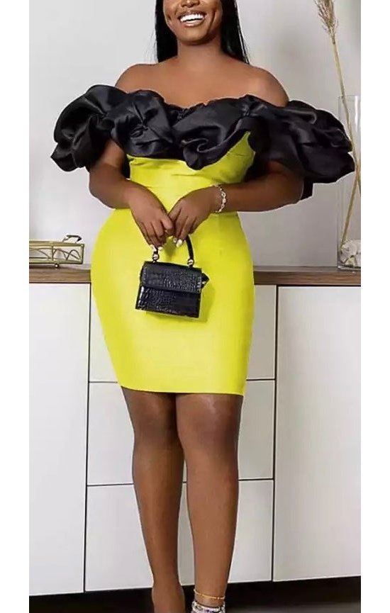 Yellow Black Sexy Puff Ruffle Off the shoulder Dress (Many Sizes) (Plus Sizes Available)
