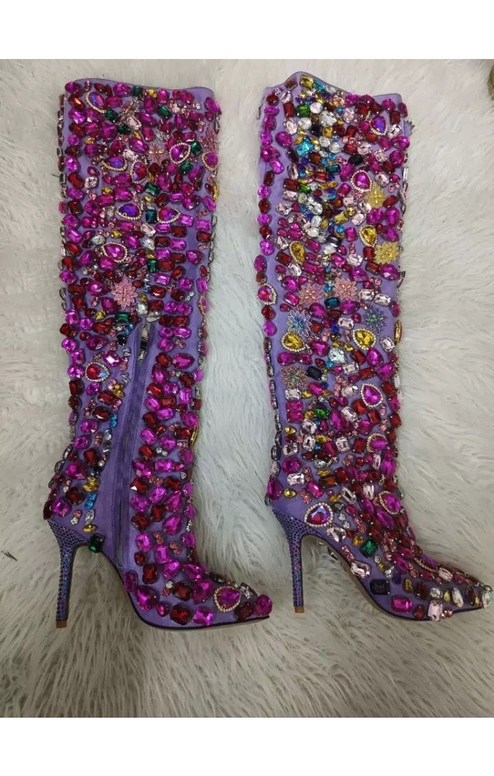 Hot Pink Gems Stones Over the Knee pointed Heel Boots Print