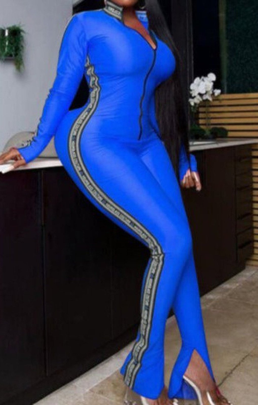 Long sleeve zip-up slit tight jumpsuits (3 COLORS)