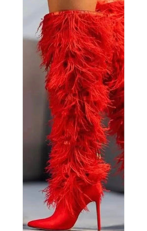 Red Over The Knee Heel Furry Boots