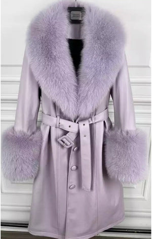 Genuine Leather long Winter fur collar and Wrist Cuff stylish thick jacket wiith belt Plus Sizes Available ( Many COLORS) (Many Sizes)