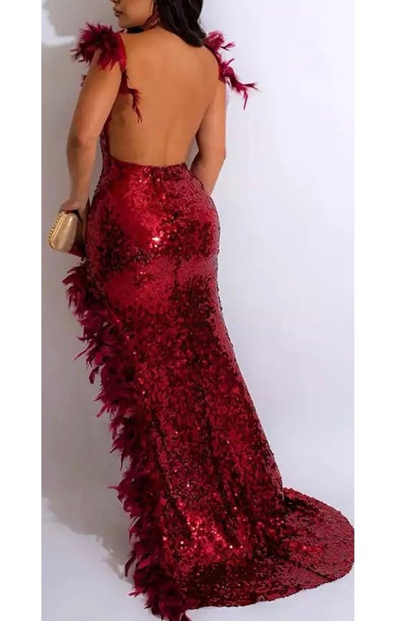 Sequined Feathered slit Dress (3 Colors)