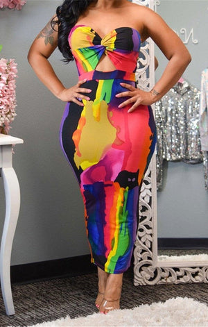 Multicolor batch printed stretch tube hollow sexy dress