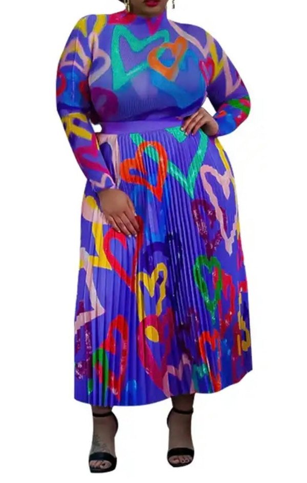 Multicolored Heart Long  Sleeve Pleated Dress  (2 Colors)