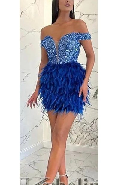 Off the shoulder Feather Sequin Bling Dress (Many Sizes) (3 Colors)