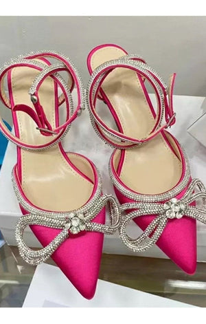 Pointed toe rhinestone bow satin high heels (Many Colors)
