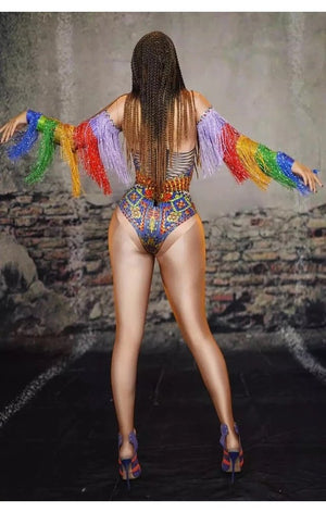 Multicolored Rainbow Tassel Rhinestone Leotard Bodysuit Top