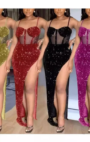 Summer new plus size solid color inelastic see through mesh patchwork gilded sequin sling high split zip-up sexy maxi dress (4 Colors)
